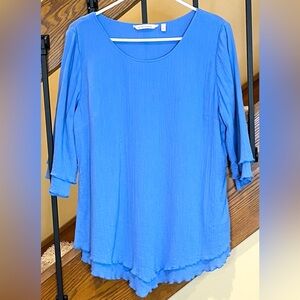 Soft Surroundings Top Gauzy Blue 3/4 Sleeve Cotton ripple Hem SZ. Sm  Women’s